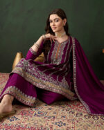 Purple Embroidered Chinon Flared Kurta Palazzo Set