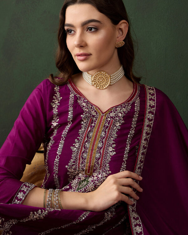 Purple Embroidered Chinon Flared Kurta Palazzo Set