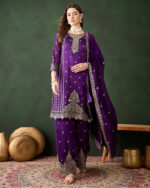 Purple Embroidered Vichitra Silk Straight Kurta Palazzo Set