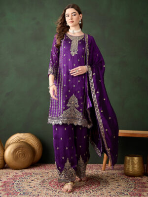 Purple Embroidered Vichitra Silk Straight Kurta Palazzo Set