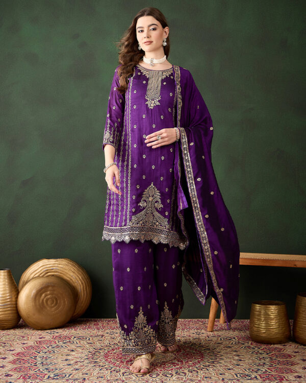 Purple Embroidered Vichitra Silk Straight Kurta Palazzo Set