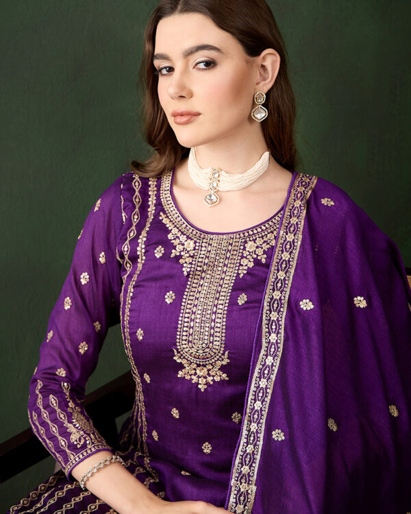 Purple Embroidered Vichitra Silk Straight Kurta Palazzo Set