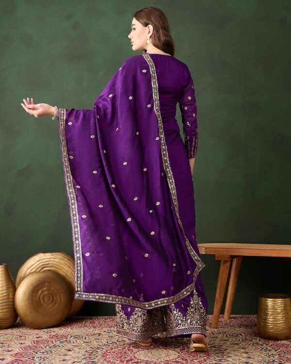 Purple Embroidered Vichitra Silk Straight Kurta Palazzo Set