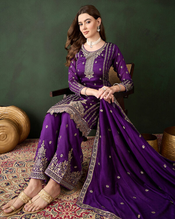 Purple Embroidered Vichitra Silk Straight Kurta Palazzo Set