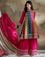 Pink Embroidered Chinon Flared Kurta Palazzo Set