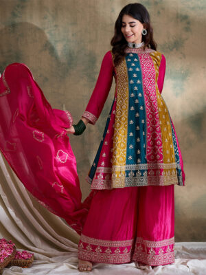 Pink Embroidered Chinon Flared Kurta Palazzo Set