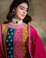 Pink Embroidered Chinon Flared Kurta Palazzo Set