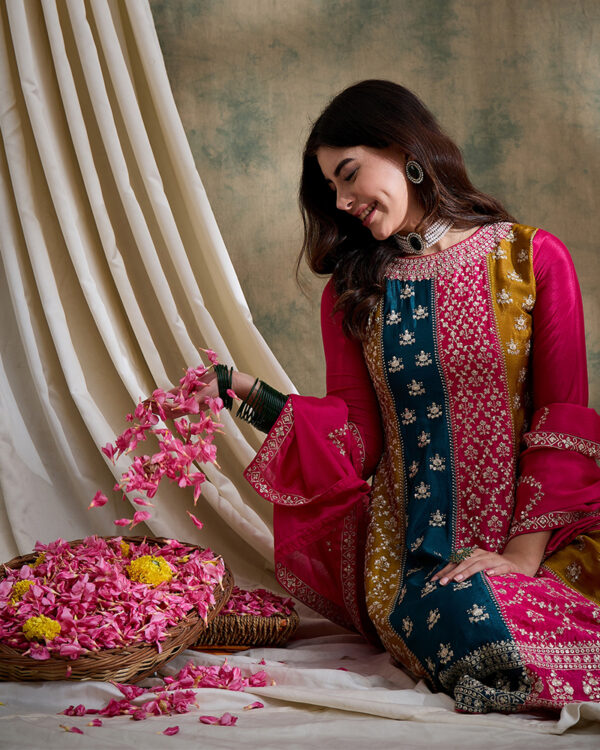 Pink Embroidered Chinon Flared Kurta Palazzo Set