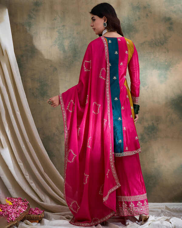 Pink Embroidered Chinon Flared Kurta Palazzo Set