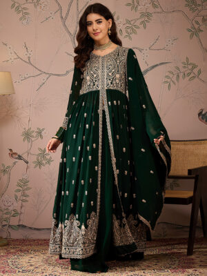 Green Embroidered Faux Georgette Lehenga with Anarkali Top Set