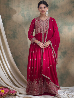 Pink Embroidered Faux Georgette Lehenga with Anarkali Top Set