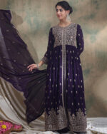 Purple Embroidered Faux Georgette Lehenga with Anarkali Top Set