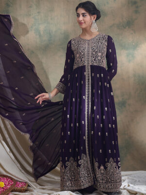 Purple Embroidered Faux Georgette Lehenga with Anarkali Top Set