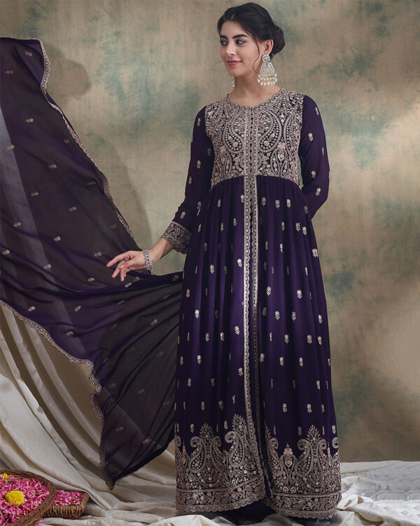 Purple Embroidered Faux Georgette Lehenga with Anarkali Top Set