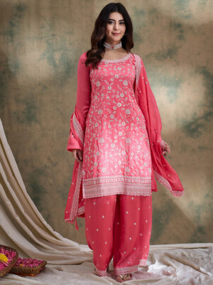 Light Pink Embroidered Vichitra Silk Straight Kurta Palazzo Set