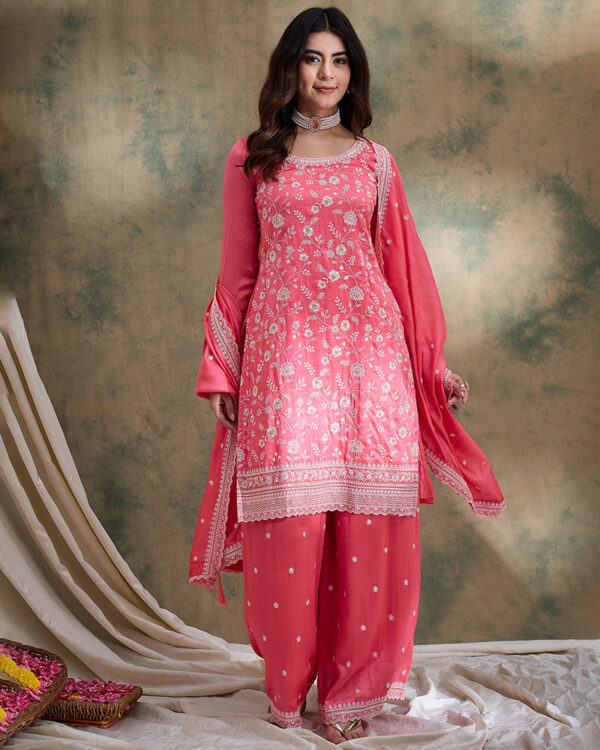 Light Pink Embroidered Vichitra Silk Straight Kurta Palazzo Set