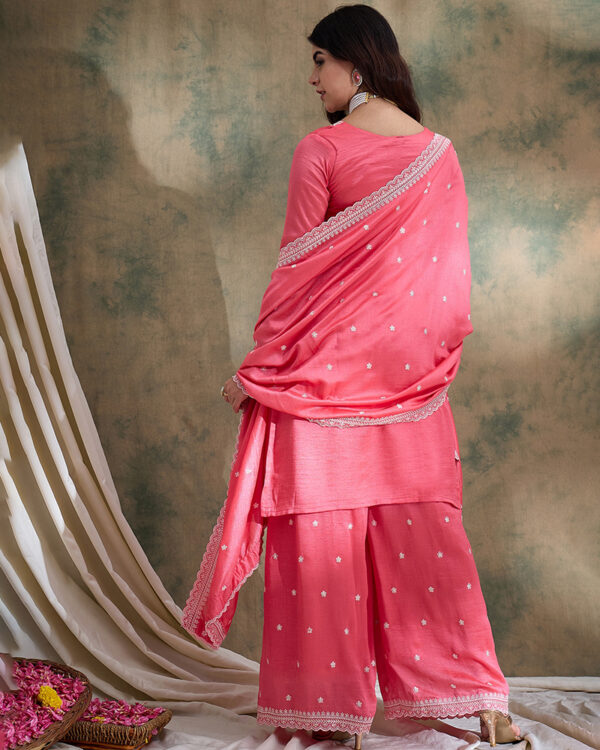 Light Pink Embroidered Vichitra Silk Straight Kurta Palazzo Set