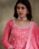 Light Pink Embroidered Vichitra Silk Straight Kurta Palazzo Set