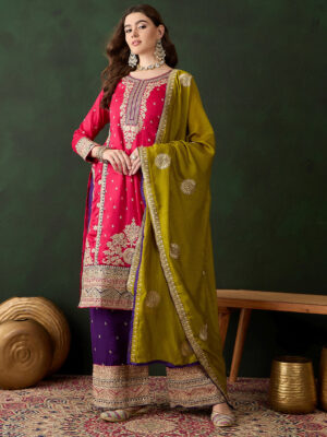 Pink/Purple Embroidered Vichitra Silk Straight Kurta Palazzo Set