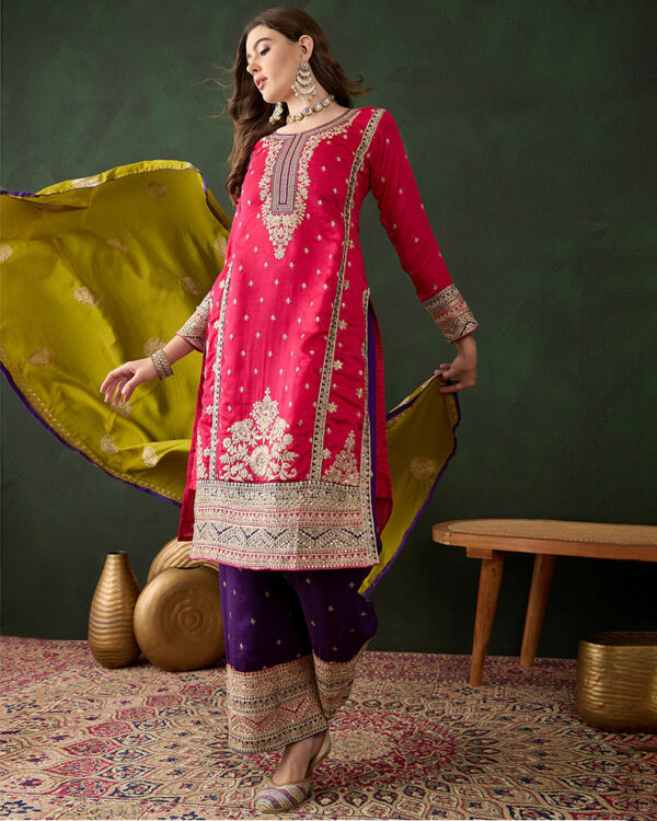 Pink/Purple Embroidered Vichitra Silk Straight Kurta Palazzo Set