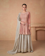 Peach Embroidered Chinon Flared Kurta Palazzo Set