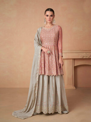 Peach Embroidered Chinon Flared Kurta Palazzo Set