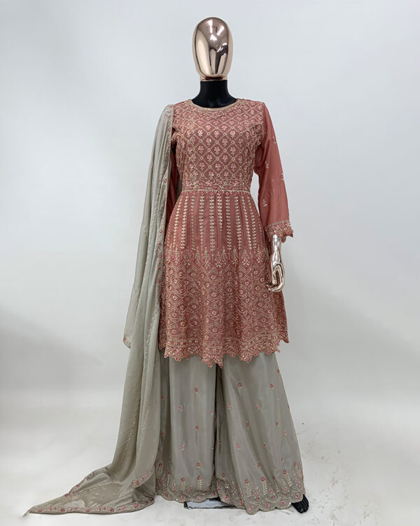 Peach Embroidered Chinon Flared Kurta Palazzo Set