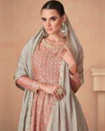 Peach Embroidered Chinon Flared Kurta Palazzo Set