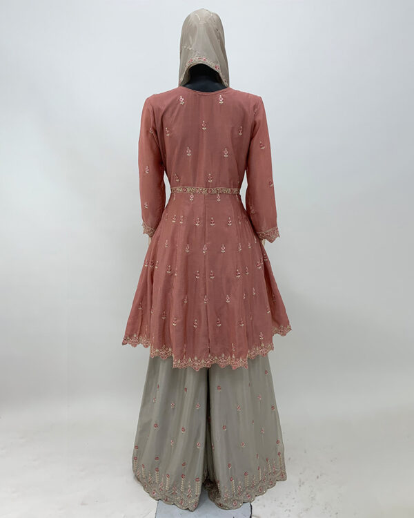 Peach Embroidered Chinon Flared Kurta Palazzo Set