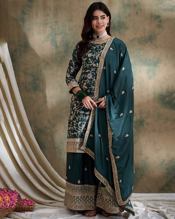 Green Embroidered Chinon Straight Kurta Palazzo Set