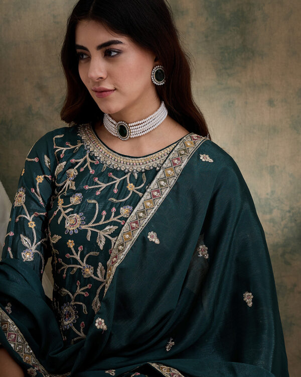 Green Embroidered Chinon Straight Kurta Palazzo Set