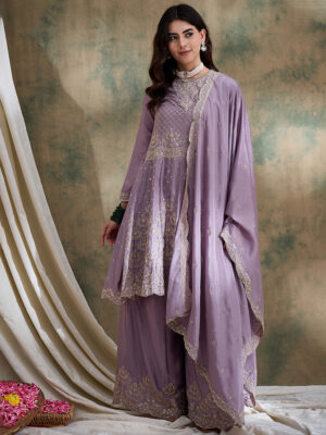 Light Purple Embroidered Chinon Straight Kurta Palazzo Set