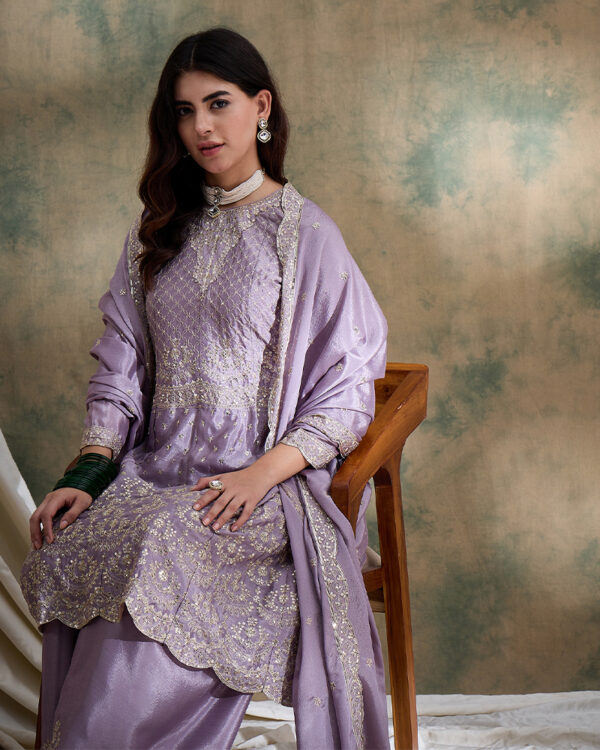 Light Purple Embroidered Chinon Straight Kurta Palazzo Set