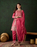 Pink Embroidered Vichitra Silk Flared Kurta Pant Set