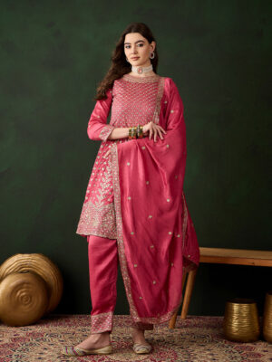 Pink Embroidered Vichitra Silk Flared Kurta Pant Set