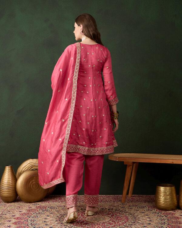 Pink Embroidered Vichitra Silk Flared Kurta Pant Set