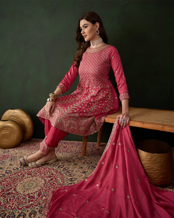 Pink Embroidered Vichitra Silk Flared Kurta Pant Set