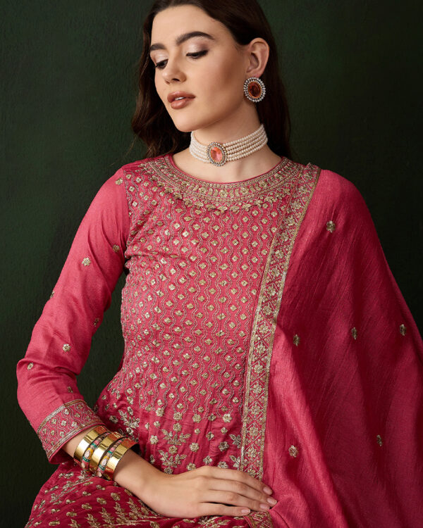 Pink Embroidered Vichitra Silk Flared Kurta Pant Set