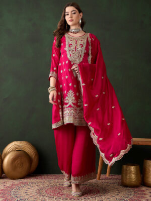 Pink Embroidered Vichitra Silk Straight Kurta Palazzo Set