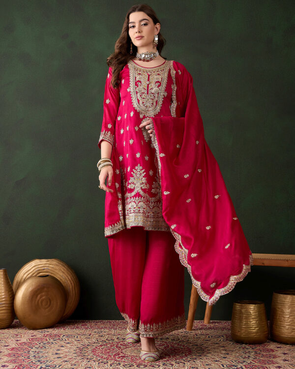 Pink Embroidered Vichitra Silk Straight Kurta Palazzo Set