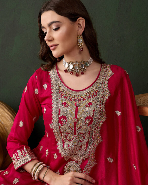 Pink Embroidered Vichitra Silk Straight Kurta Palazzo Set