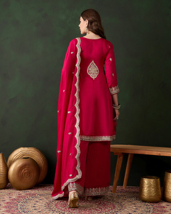 Pink Embroidered Vichitra Silk Straight Kurta Palazzo Set