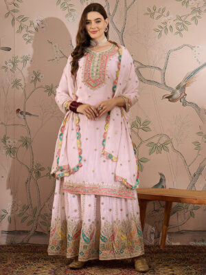 Light Pink Embroidered Chinon Straight Kurta with Lehenga Set