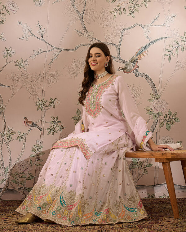 Light Pink Embroidered Chinon Straight Kurta with Lehenga Set