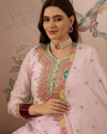 Light Pink Embroidered Chinon Straight Kurta with Lehenga Set