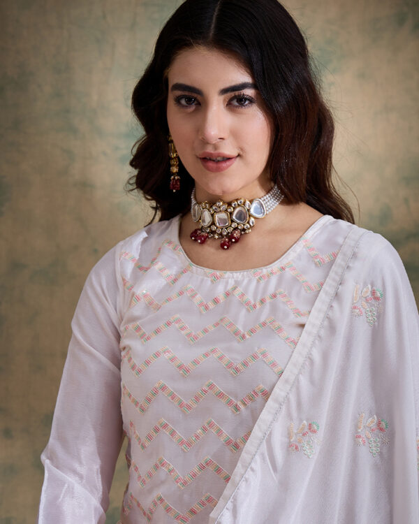 White Embroidered Chinon Straight Kurta Palazzo Set