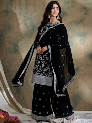 Black Embroidered Faux Georgette Straight Kurta Sharara Set