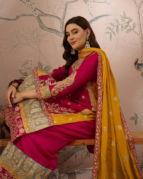 Pink Embroidered Chinon Straight Kurta Palazzo Set