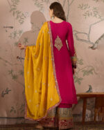 Pink Embroidered Chinon Straight Kurta Palazzo Set