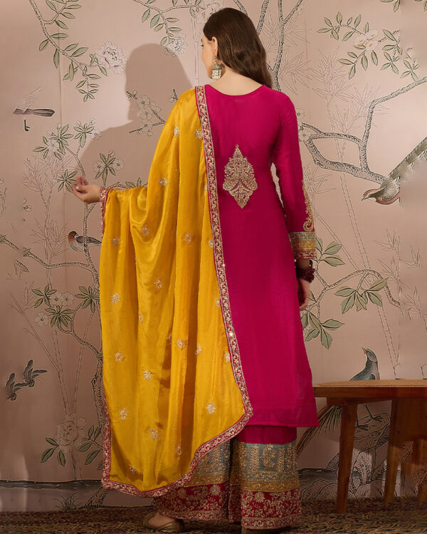 Pink Embroidered Chinon Straight Kurta Palazzo Set